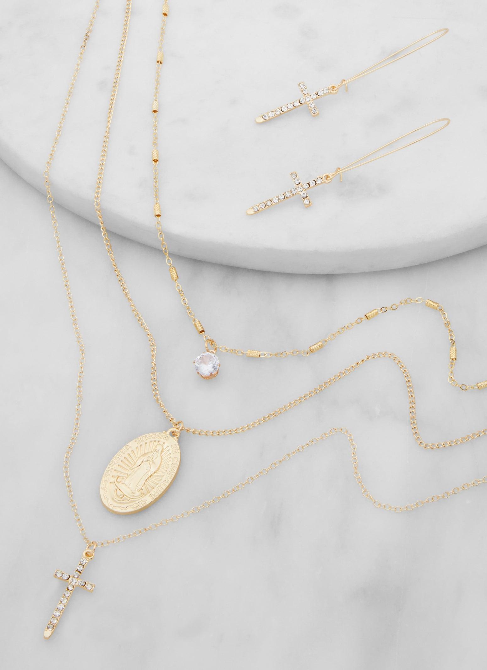 Religious Charm Layered Necklace and Drop Earrings Female Product Image
