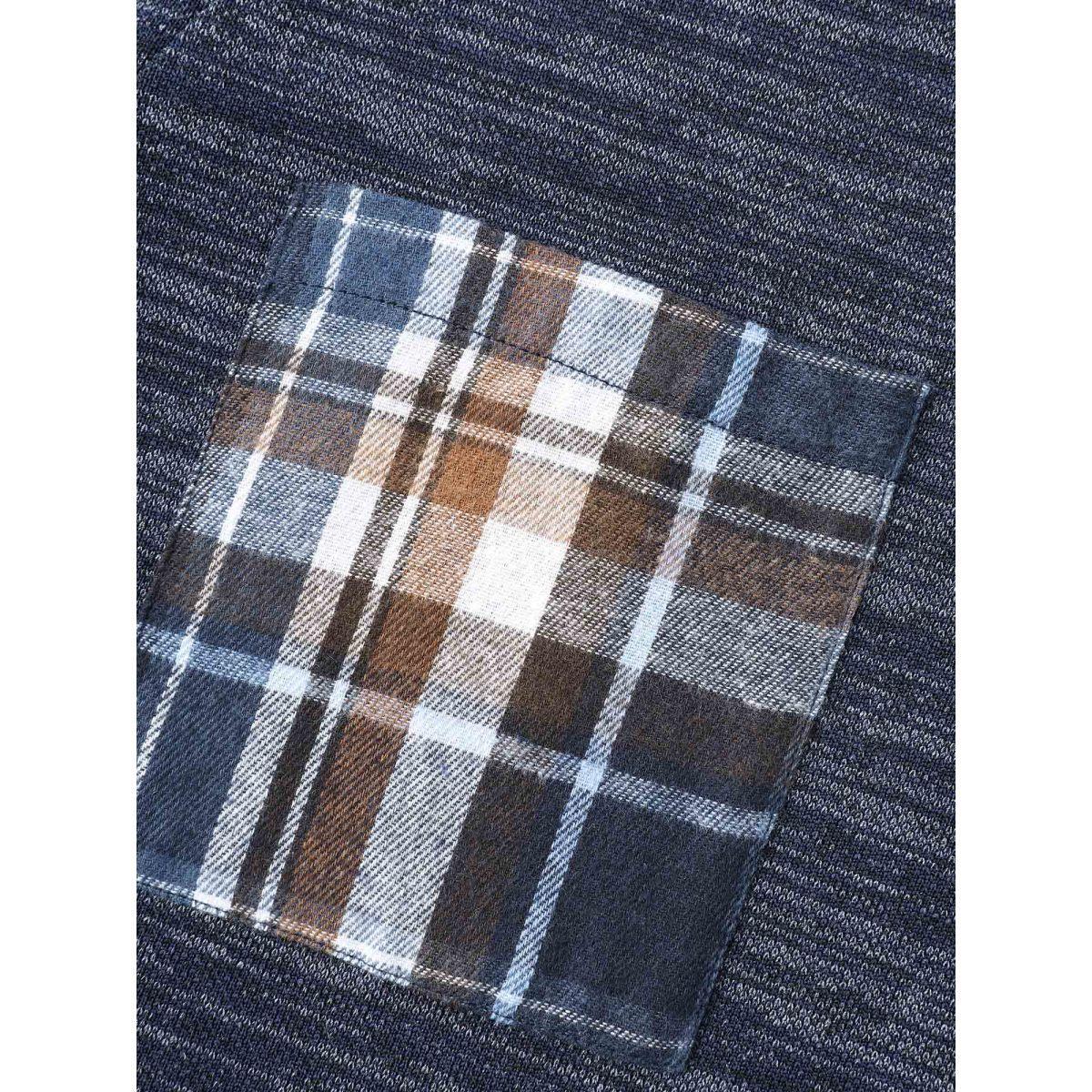 Plus Size Plaid Sleeve Button Up Patchwork Sweatshirt Women Indigo Casual Contrast Notched collar Everyday Sweatshirts BloomChic 14-16/1X Product Image