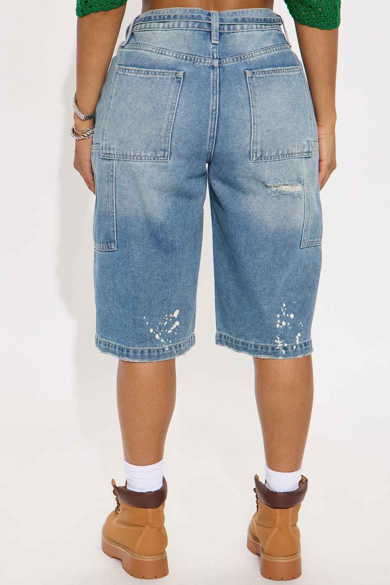 Ripped Bleached Denim Jorts - Medium Wash Product Image
