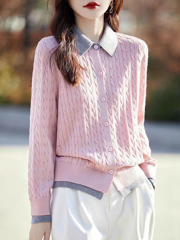 Collar Two Tone Cable-Knit Cardigan Product Image