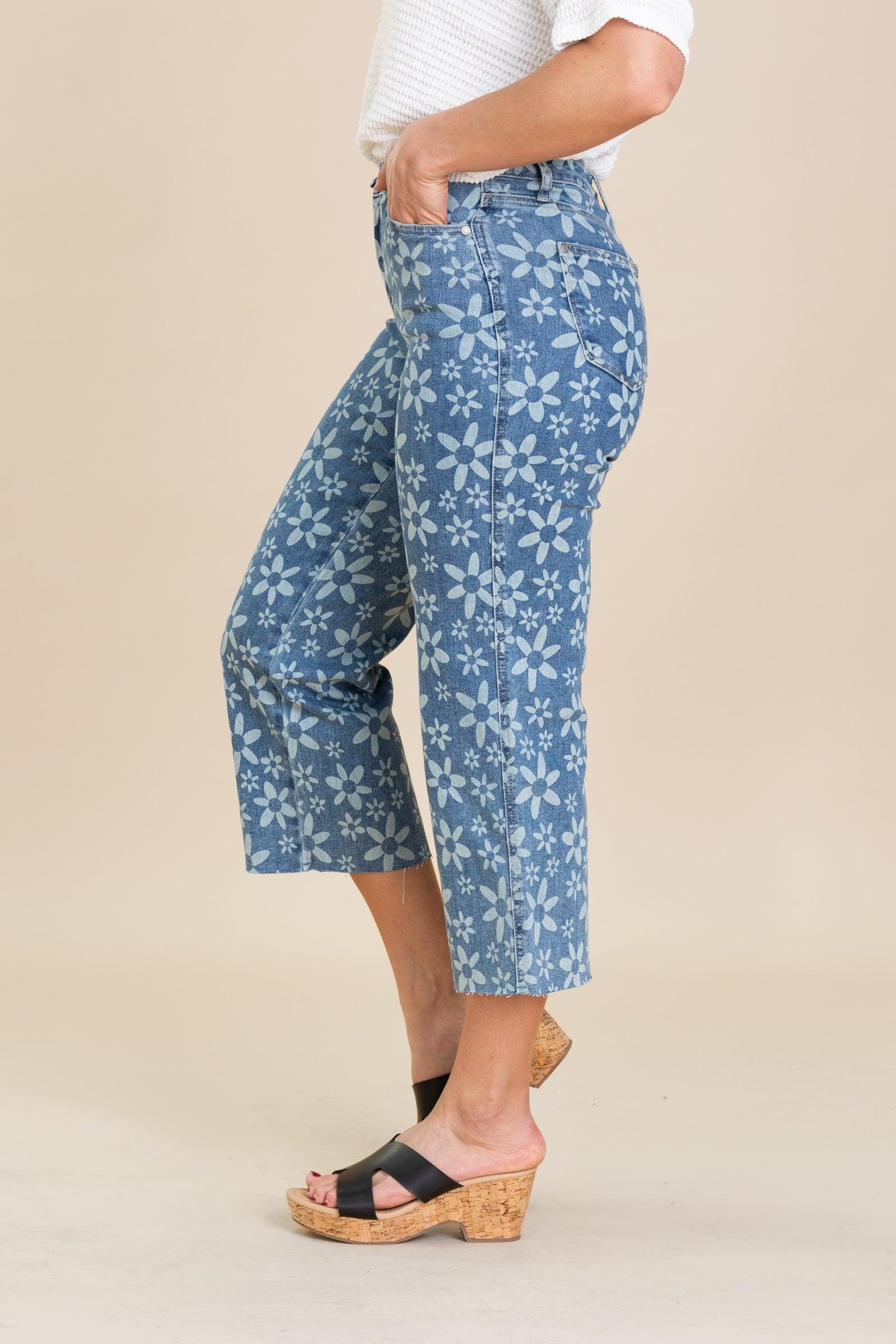 Judy Blue Flower Print Crop Wide Jeans Product Image