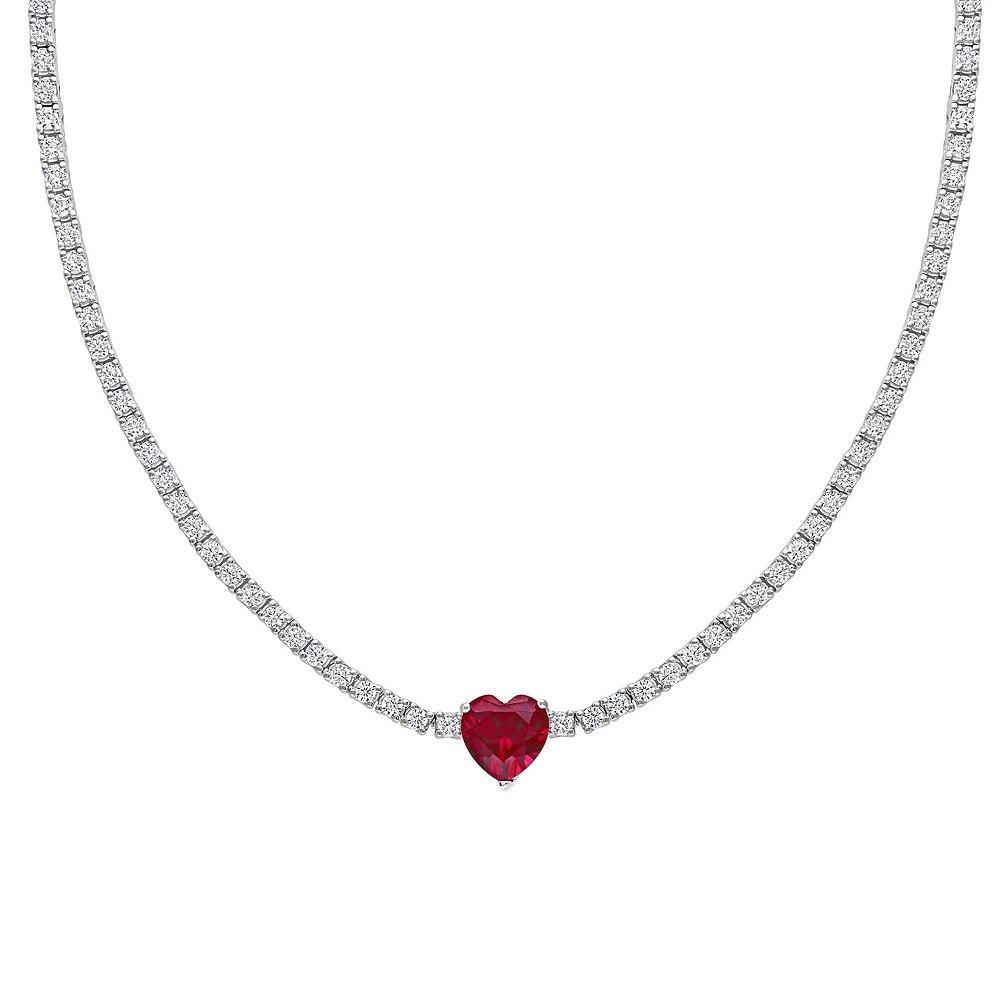 Stella Grace Sterling Silver Heart Shapd Lab-Created Ruby & Lab-Created White Sapphire Tennis Necklace, Women's, Size: 15" Product Image