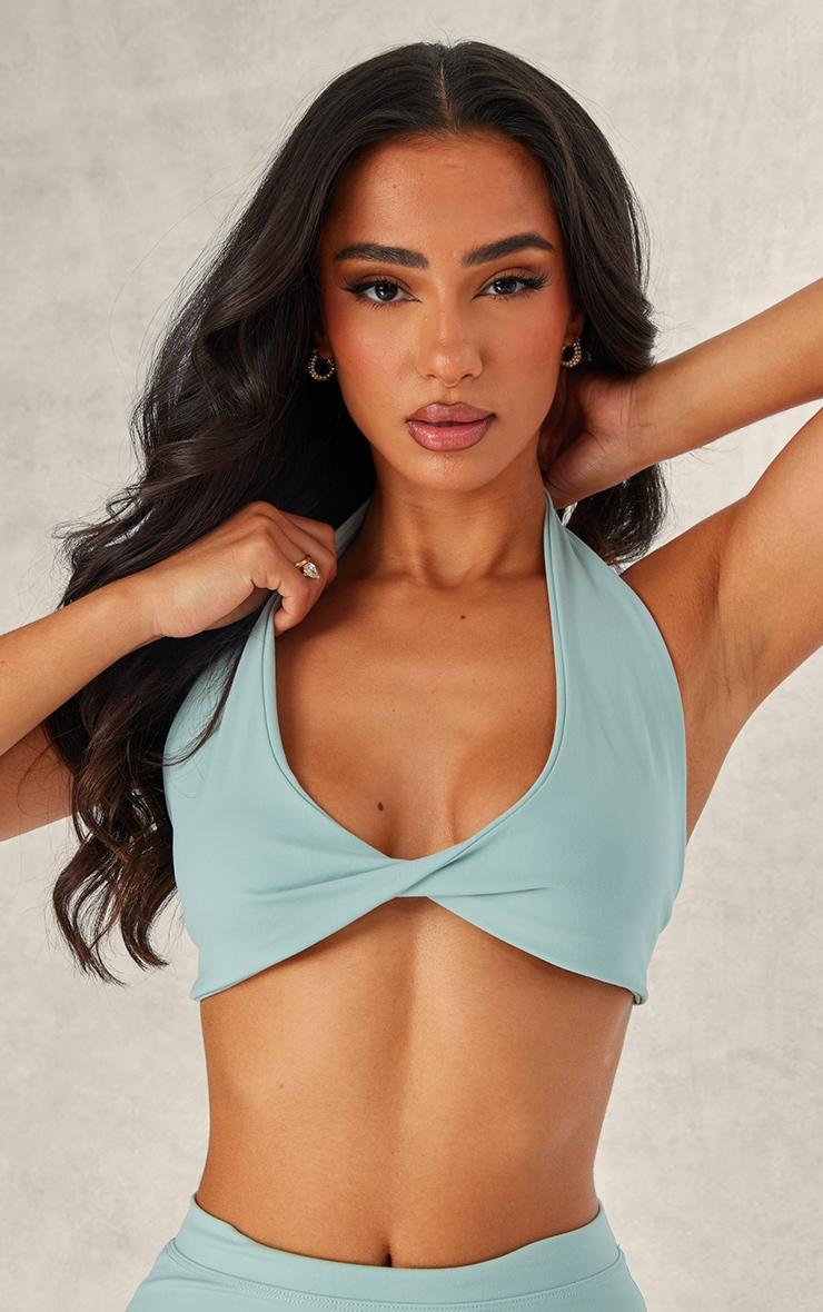 Petite Green Snatched Sculpt Halterneck Twist Front Crop Top Product Image