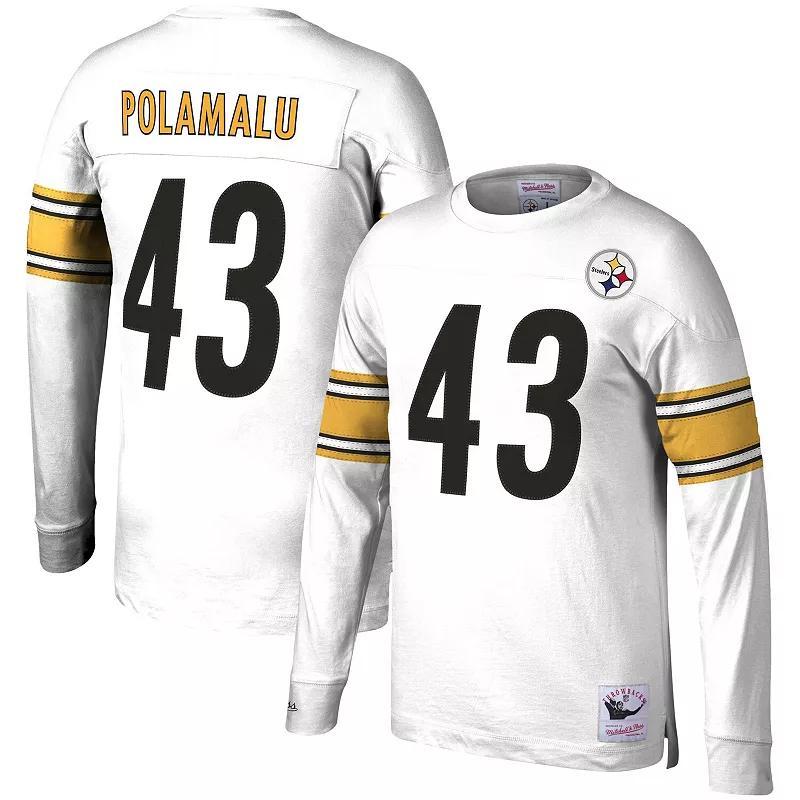 Men's Mitchell & Ness Troy Polamalu White Pittsburgh Steelers Retired Player Name & Number Long Sleeve Top, Size: Medium Product Image