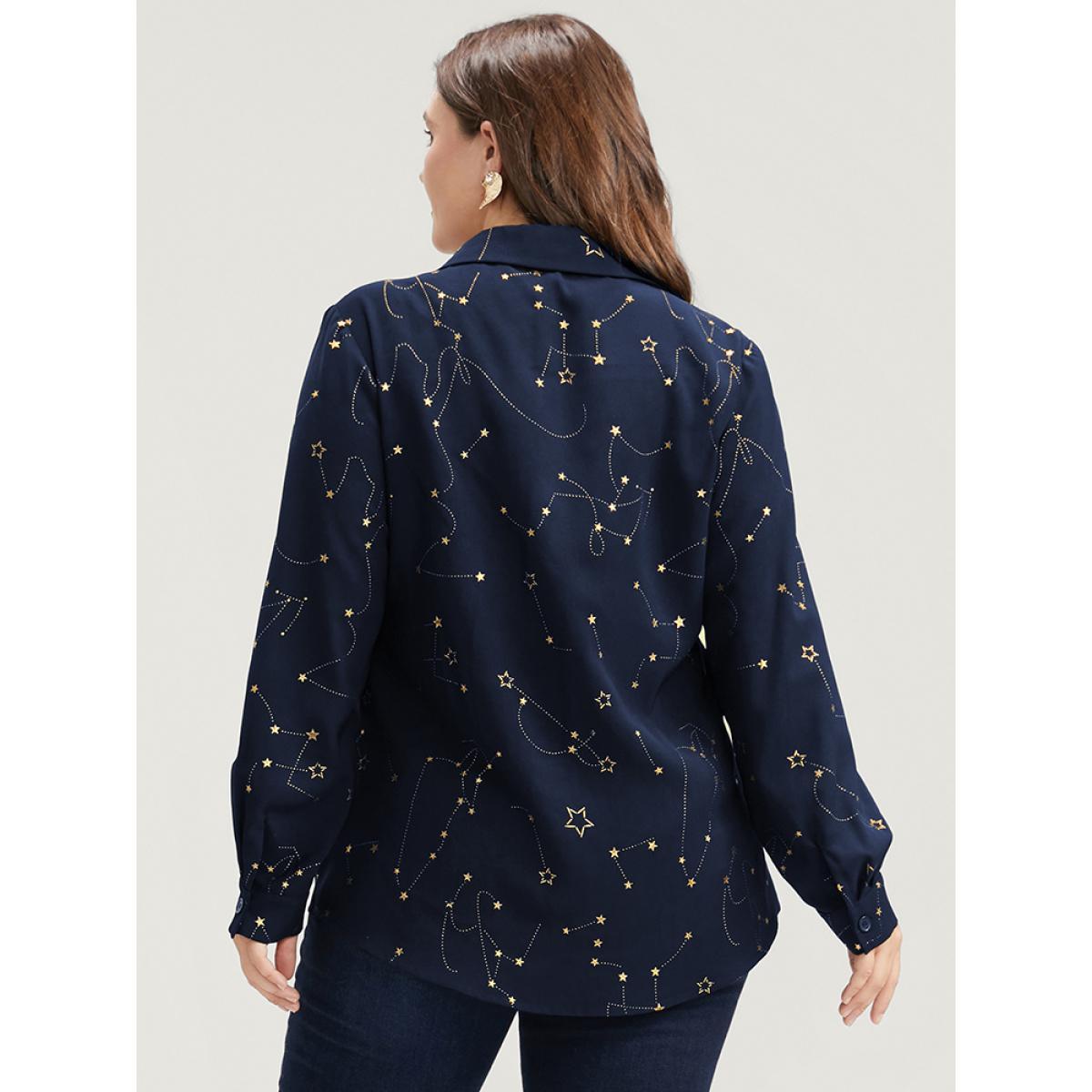 Plus Size Navy Star Print Button Up Arc Hem Blouse Women Party Long Sleeve Shirt collar Going out Blouses BloomChic 26/4X Product Image