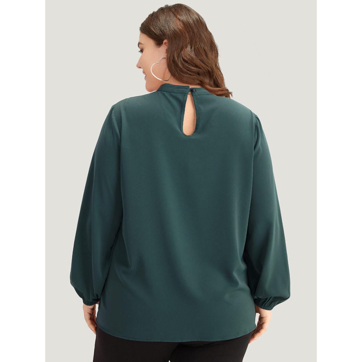 Plus Size Cyan Anti-Wrinkle Asymmetrical Button Gathered Blouse Women Office Long Sleeve Round Neck Work Blouses BloomChic 28/5X Product Image