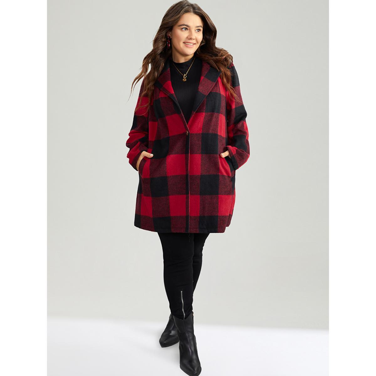 Plus Size Plaid Print Button Down Pocket Tunic Coat Women Crimson Casual Contrast Ladies Dailywear Winter Coats BloomChic 22-24/3X Product Image