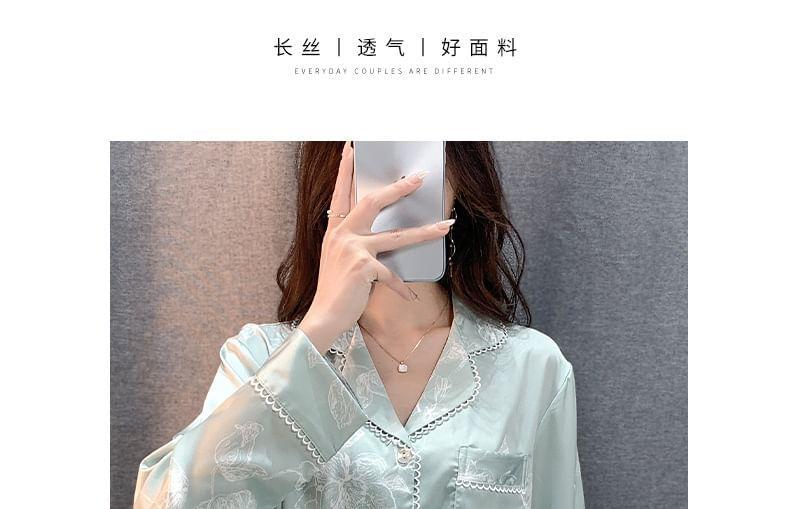 Pajama Set: Long-Sleeve Lapel Collar Floral Print Lace Trim Button-Up Top + Pants Product Image