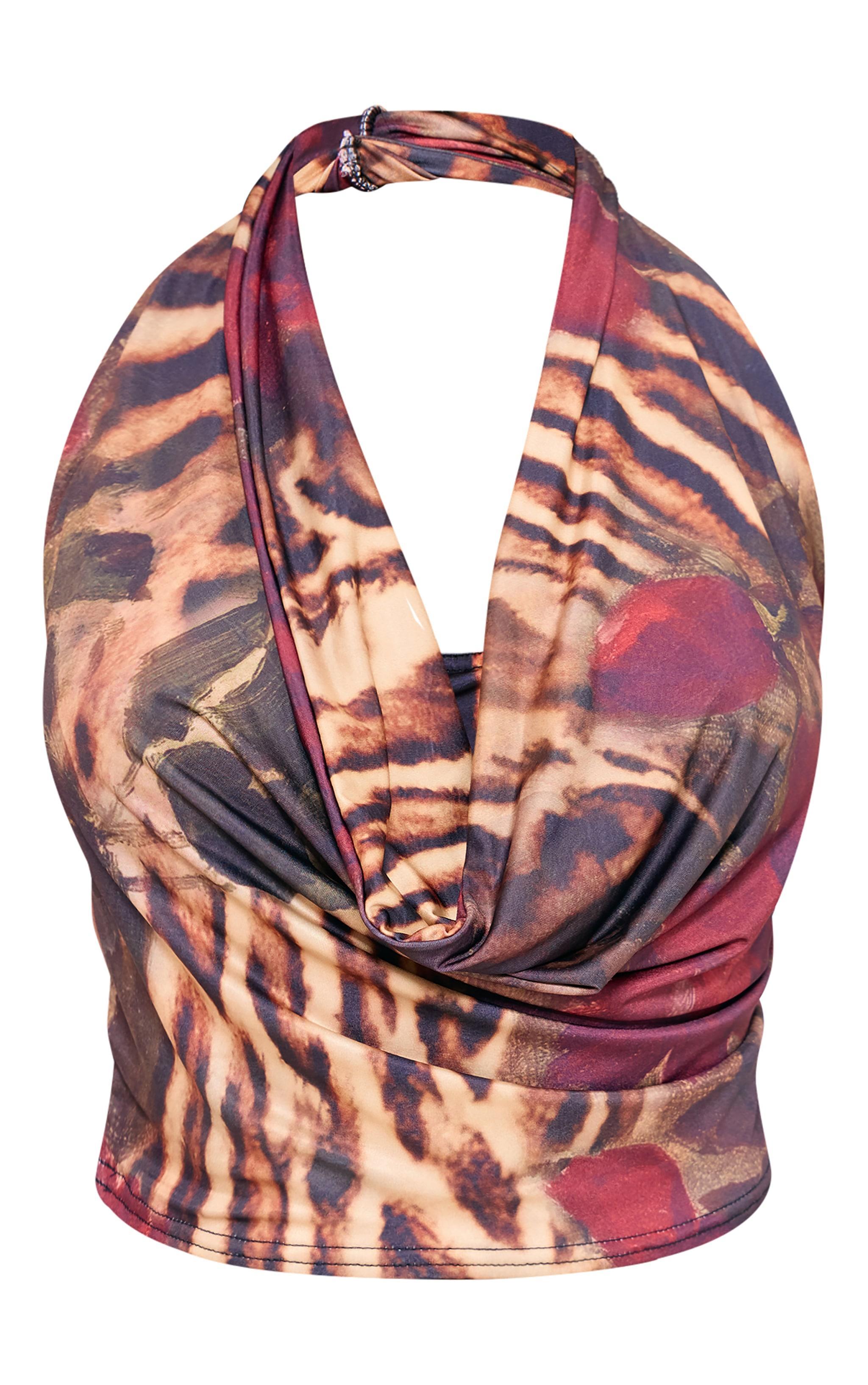 Brown Printed Cowl Neck Top Product Image