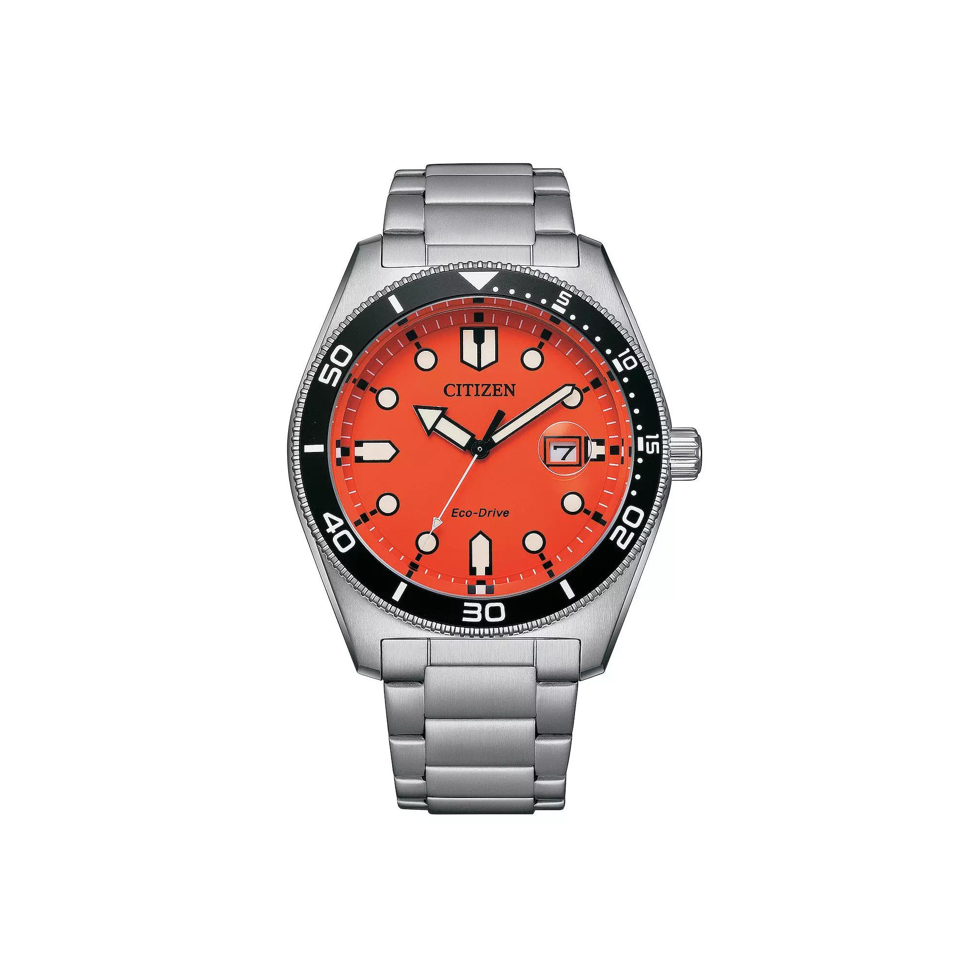 Citizen Mens Eco-Drive Marine Stainless Steel Bracelet Watch Orange Silver Product Image