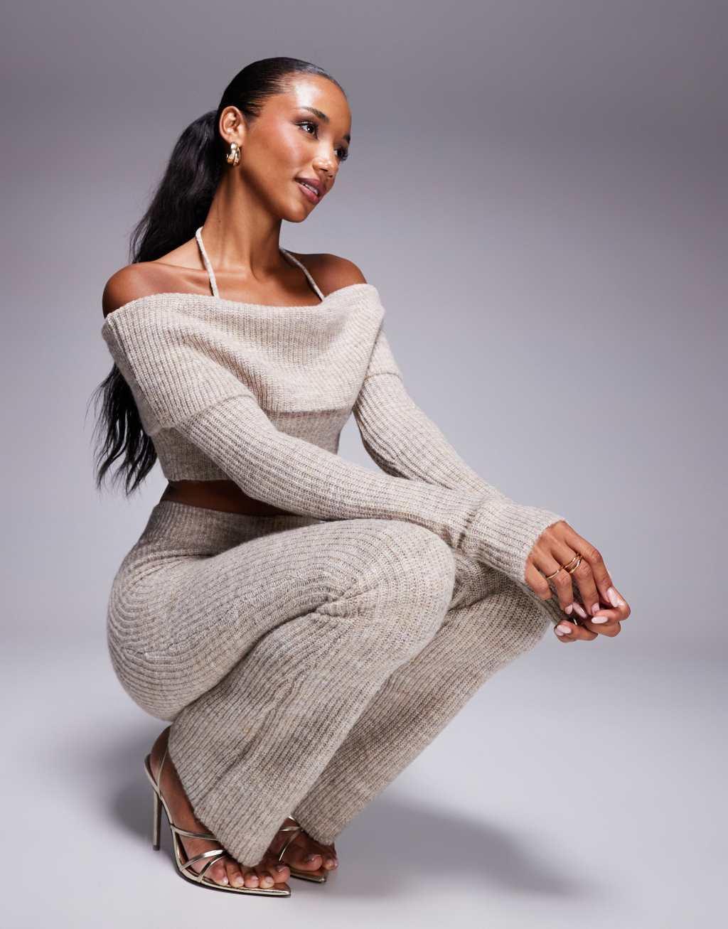 Wanderdoll Carrie knit off the shoulder crop top and pants set in oatmeal  Product Image