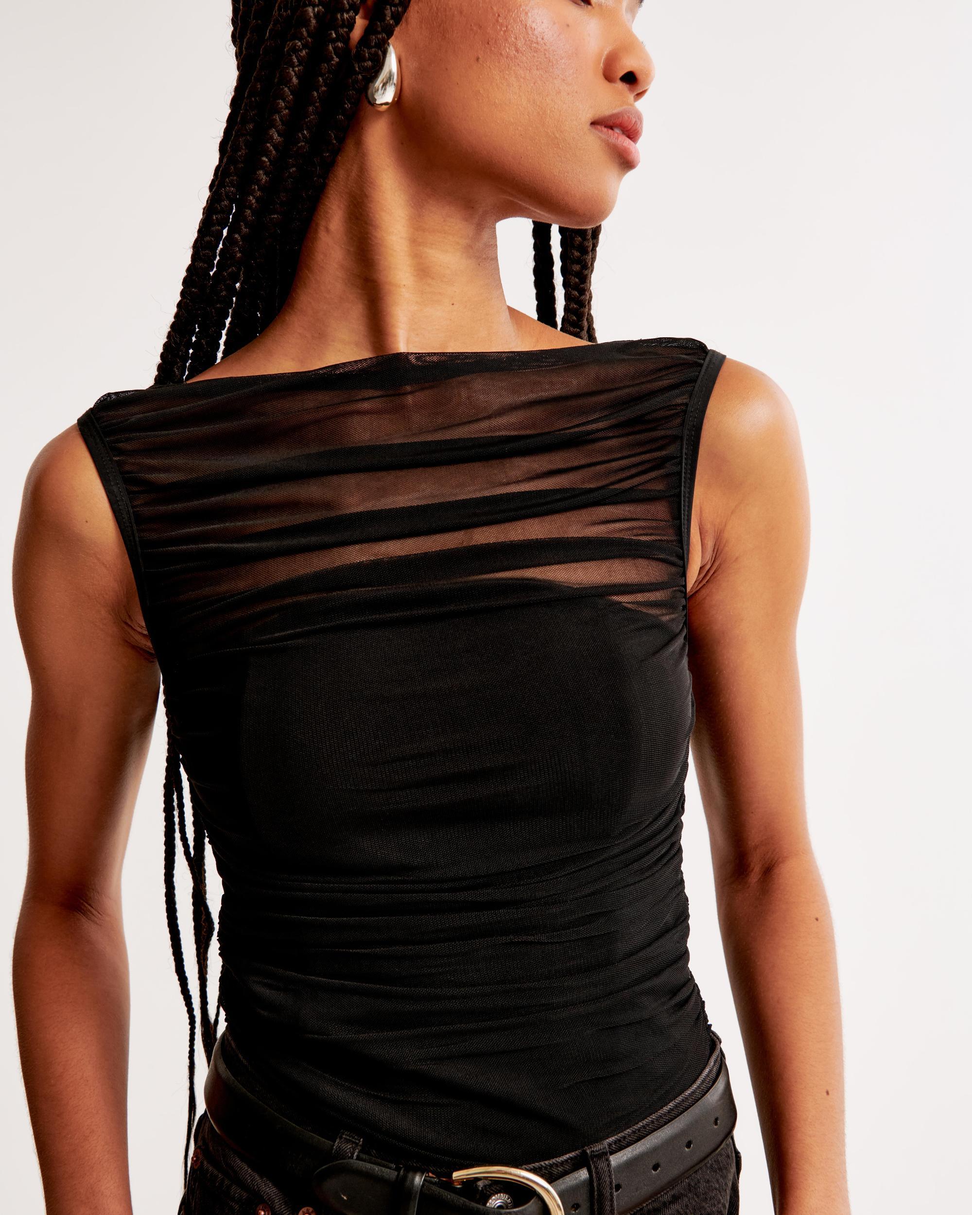 Ruched Mesh Boatneck Bodysuit Product Image