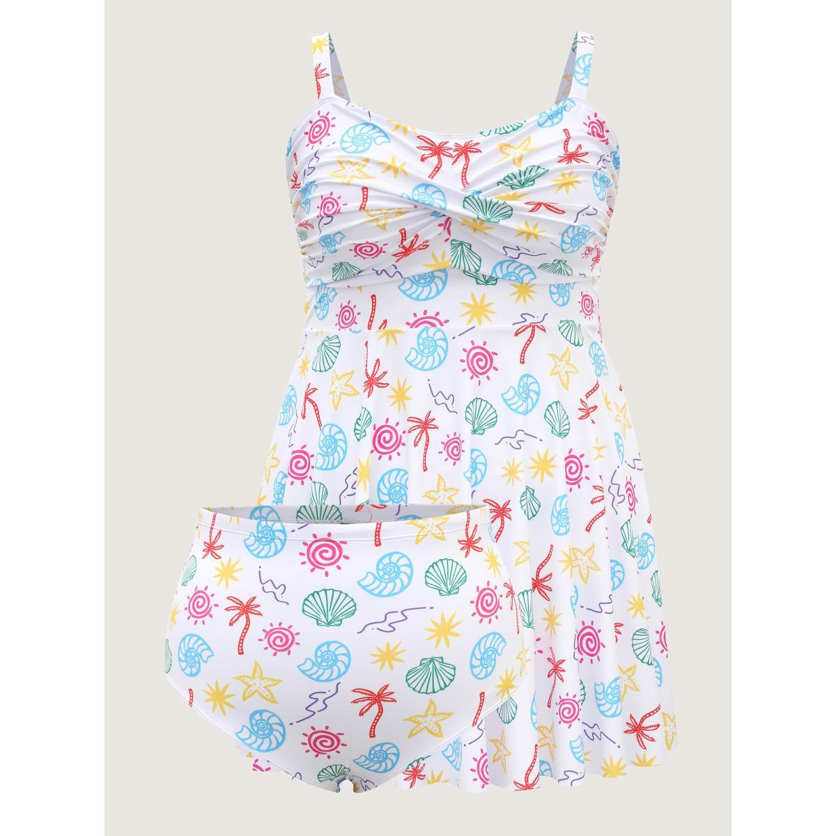Plus Size Marine Elements Twist Front Swim Dress Women's Swimwear Ivory Beach Bodycon Heart neckline High stretch Curve Swim Dresses BloomChic 28/5X Product Image