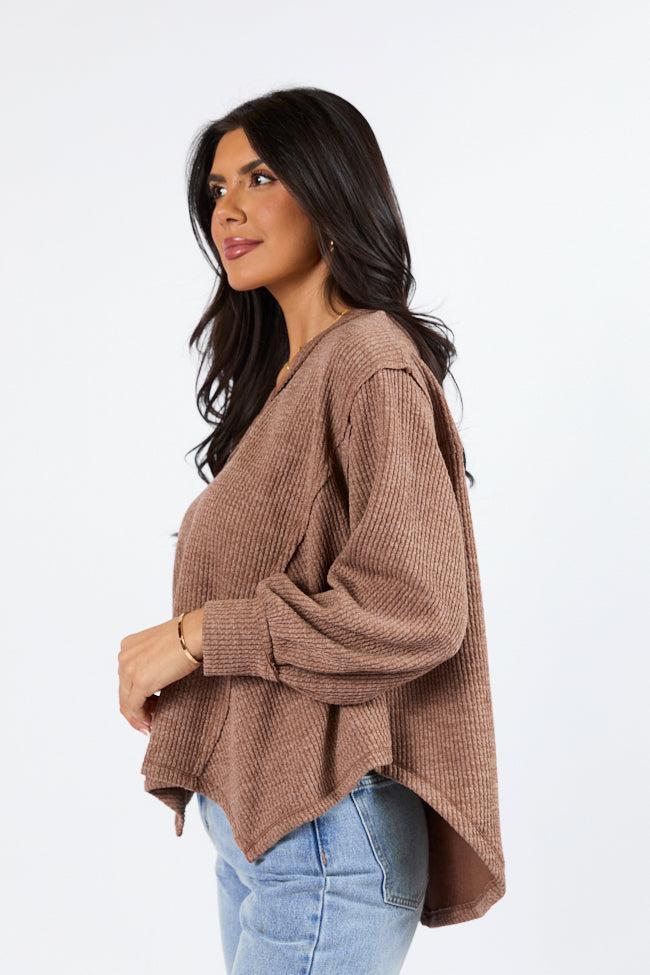 Never Say Never Mocha Ribbed Knit V-Neck Long Sleeve Top FINAL SALE Product Image