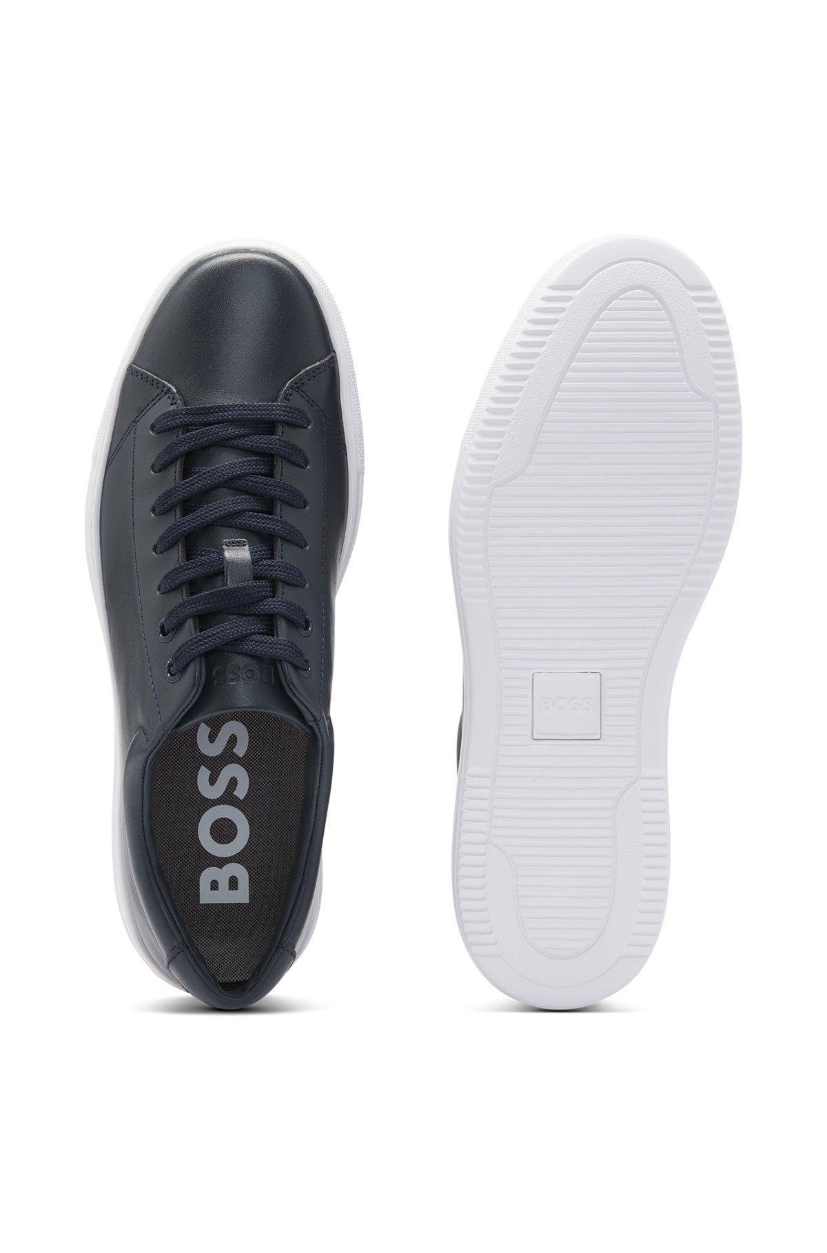 BOSS - Nappa-leather trainers with branded counter - Dark Blue Product Image