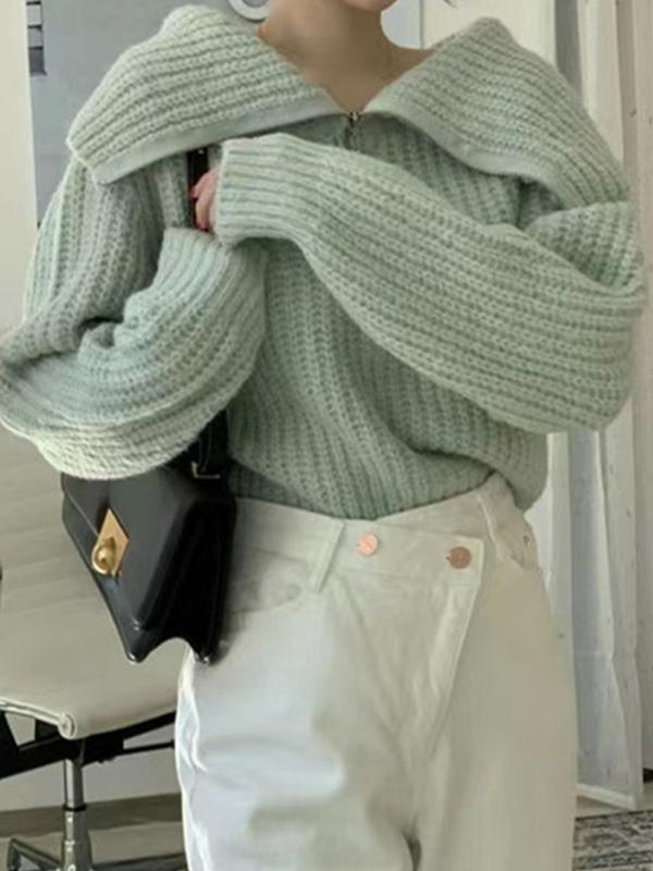 Solid Big Lapel Neck Half Zip Sweater Product Image