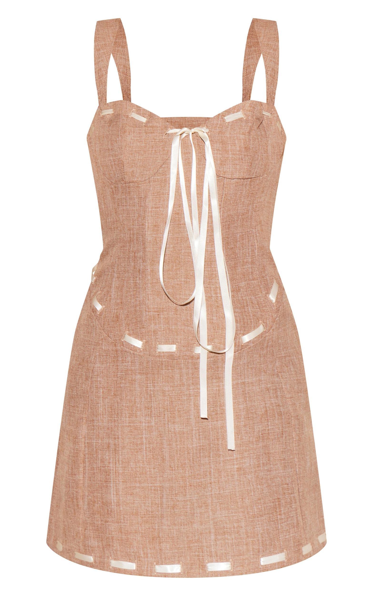 Brown Twill Contrast Ribbon Bodycon Dress Product Image