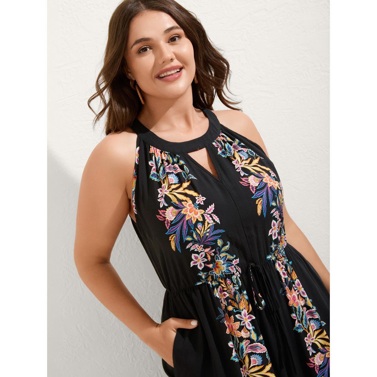 Plus Size Black Floral Halter Neck Slit Hem Jumpsuit Women Sleeveless Halter neck Vacation Loose Jumpsuits BloomChic 10/M Product Image