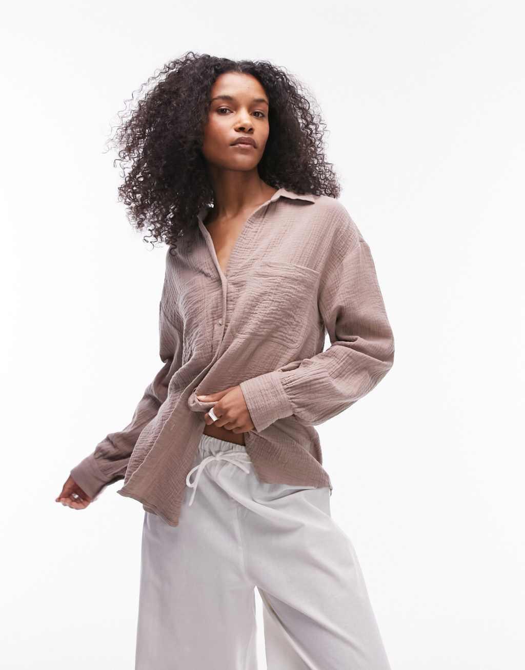 Topshop cotton casual shirt in stone Product Image