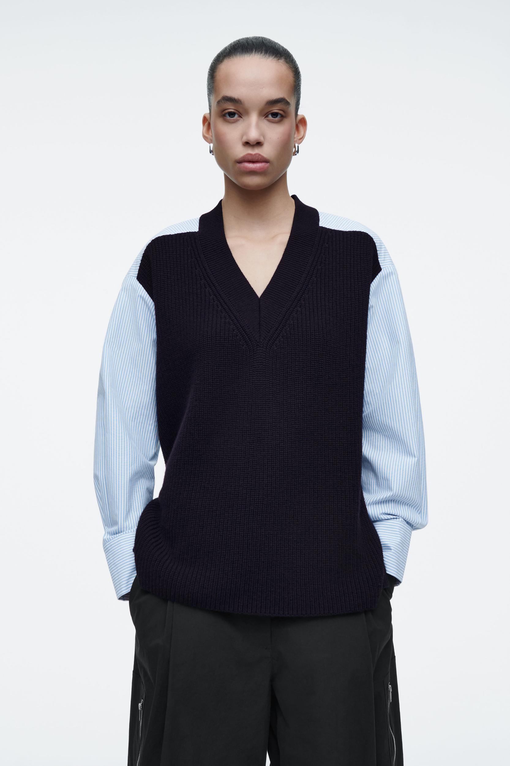 DECONSTRUCTED POPLIN-PANELED WOOL SWEATER Product Image