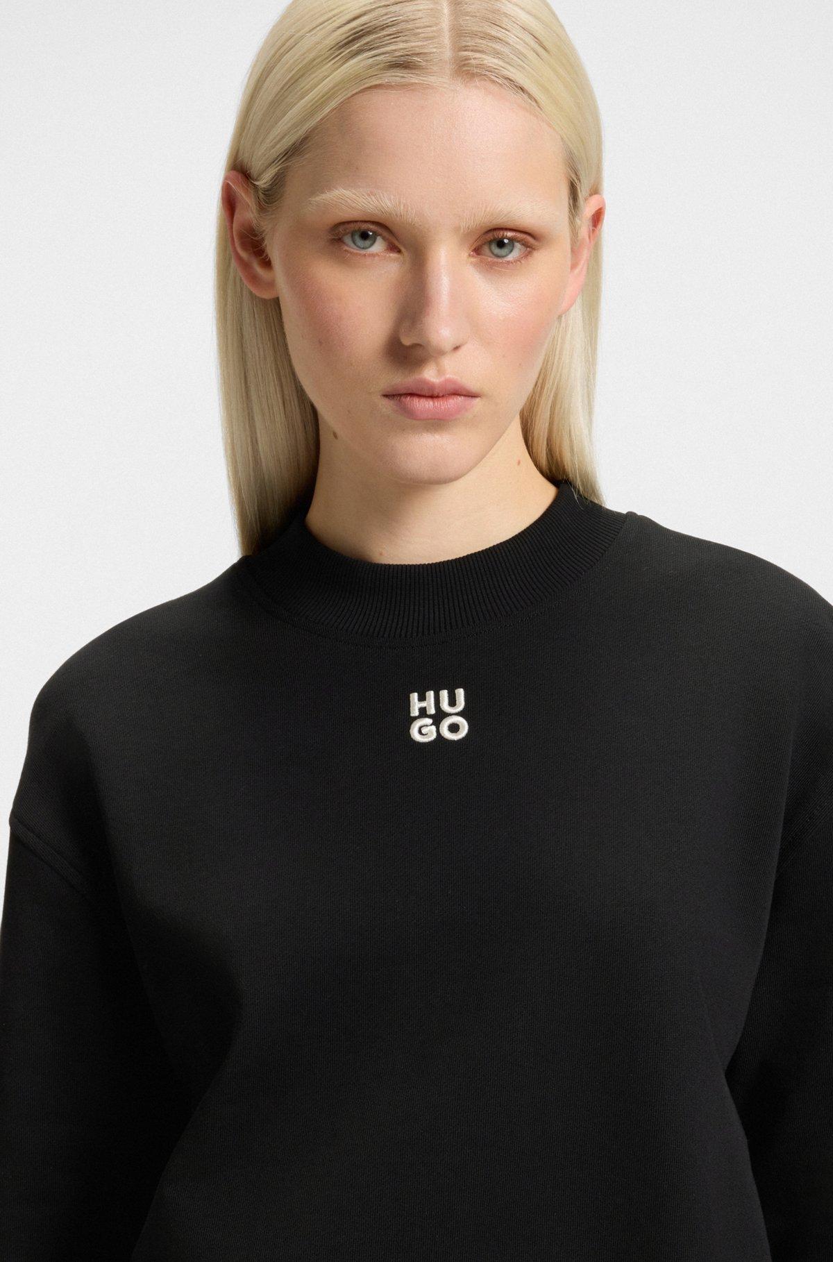 HUGO - Relaxed-fit cotton-terry sweatshirt with stacked-logo embroidery - Black Product Image