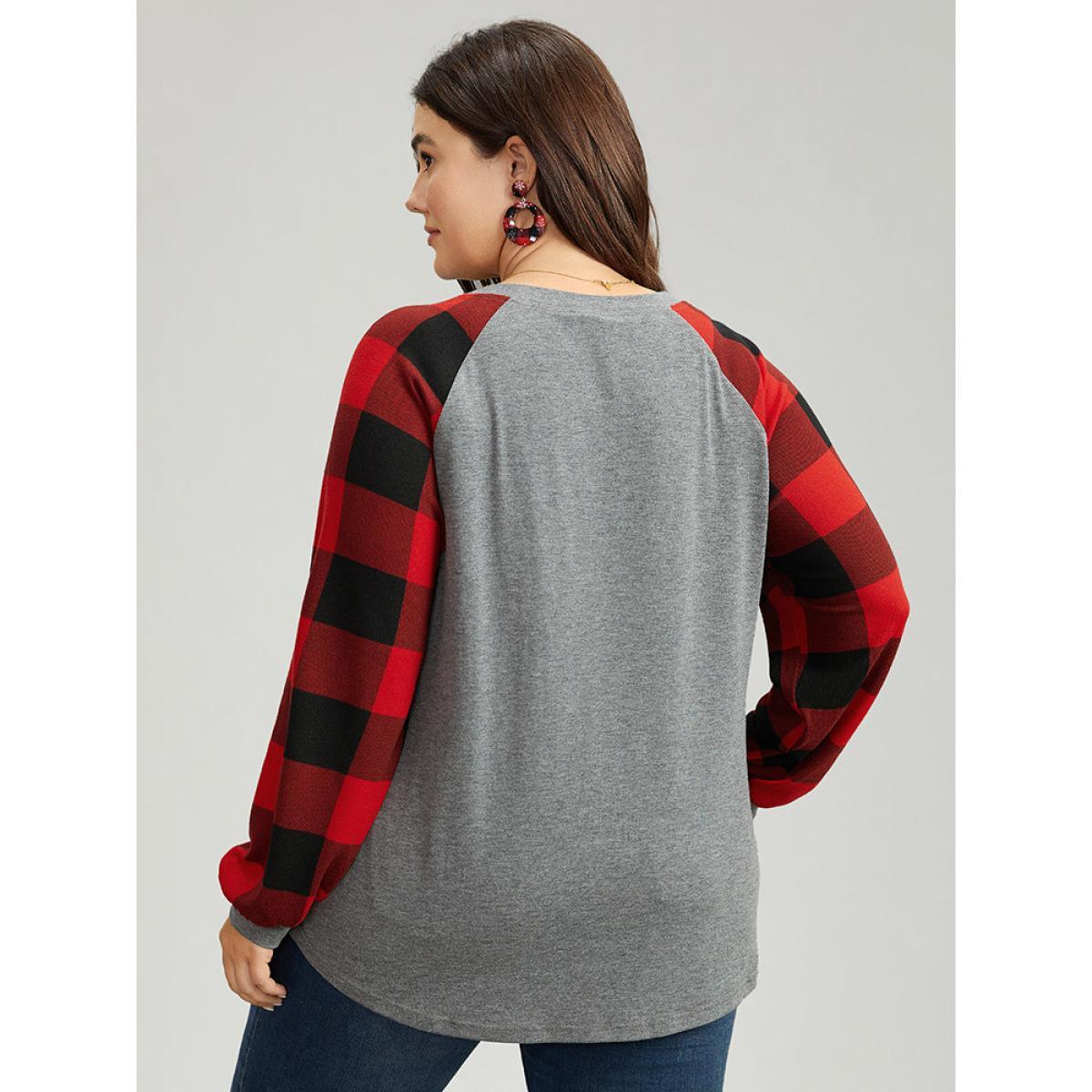 Plus Size Plaid Christmas Trees Round Neck T-shirt Gray Women Casual Contrast Christmas Festival-Christmas T-shirts BloomChic 10/M Product Image