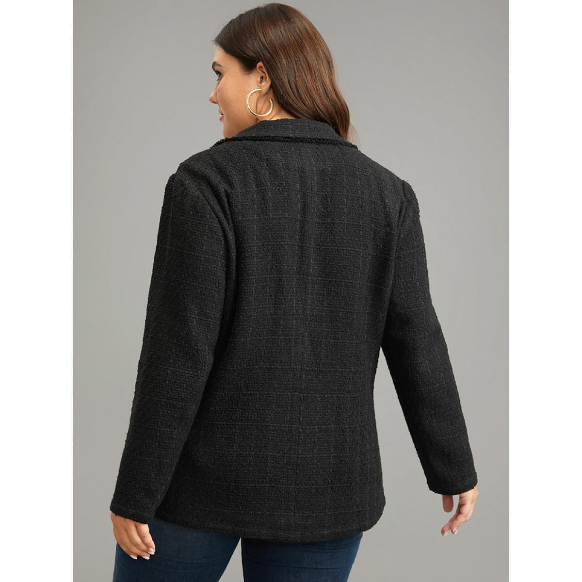 Plus Size Plain Tweed Plisse Pocket Button Through Blazer Black Women Dailywear Plain Texture Sleeve Long Sleeve Suit Collar 14-16/1X Pocket Elegant Blazers BloomChic Product Image