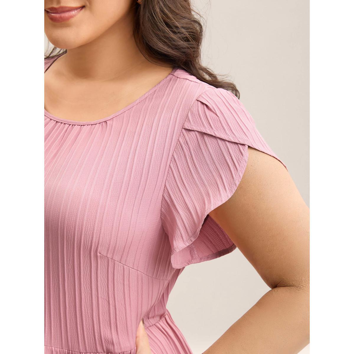 Plus Size Textured Petal Sleeve Pockets Midi Dress Blush Women Elegant Gathered Round Neck Short sleeve Curvy BloomChic 14-16/1X Product Image