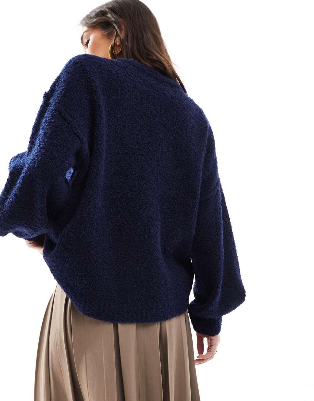 ASOS DESIGN boucle crew neck sweater in navy Product Image