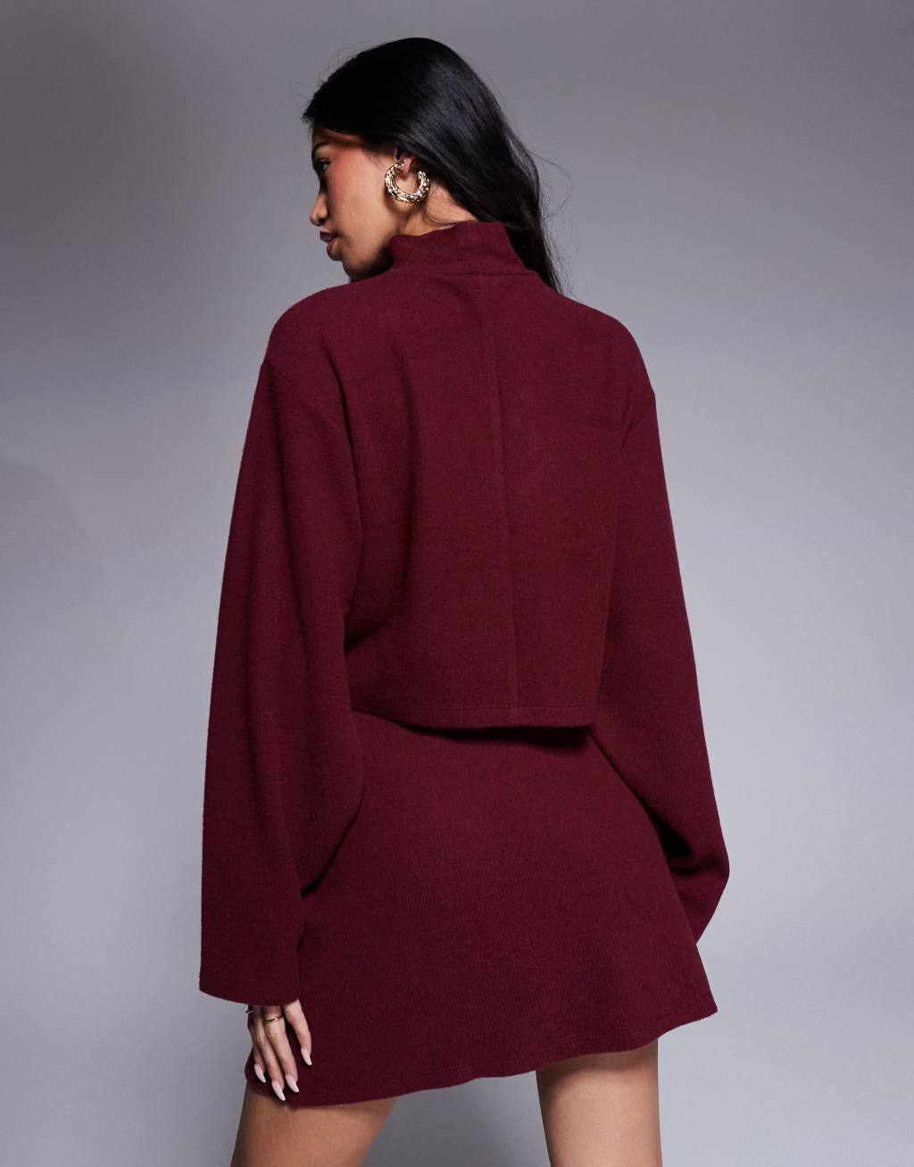 ASOS DESIGN jersey ribbed wide sleeve turtle neck top in burgundy - part of a set Product Image
