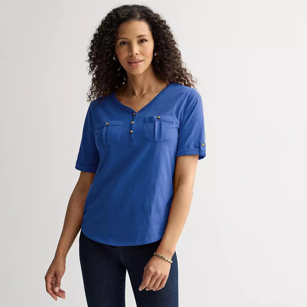 Petite Croft & Barrow® Elbow Sleeve Utility Henley Top, Women's, Size: Large Petite, Christian Bay Product Image