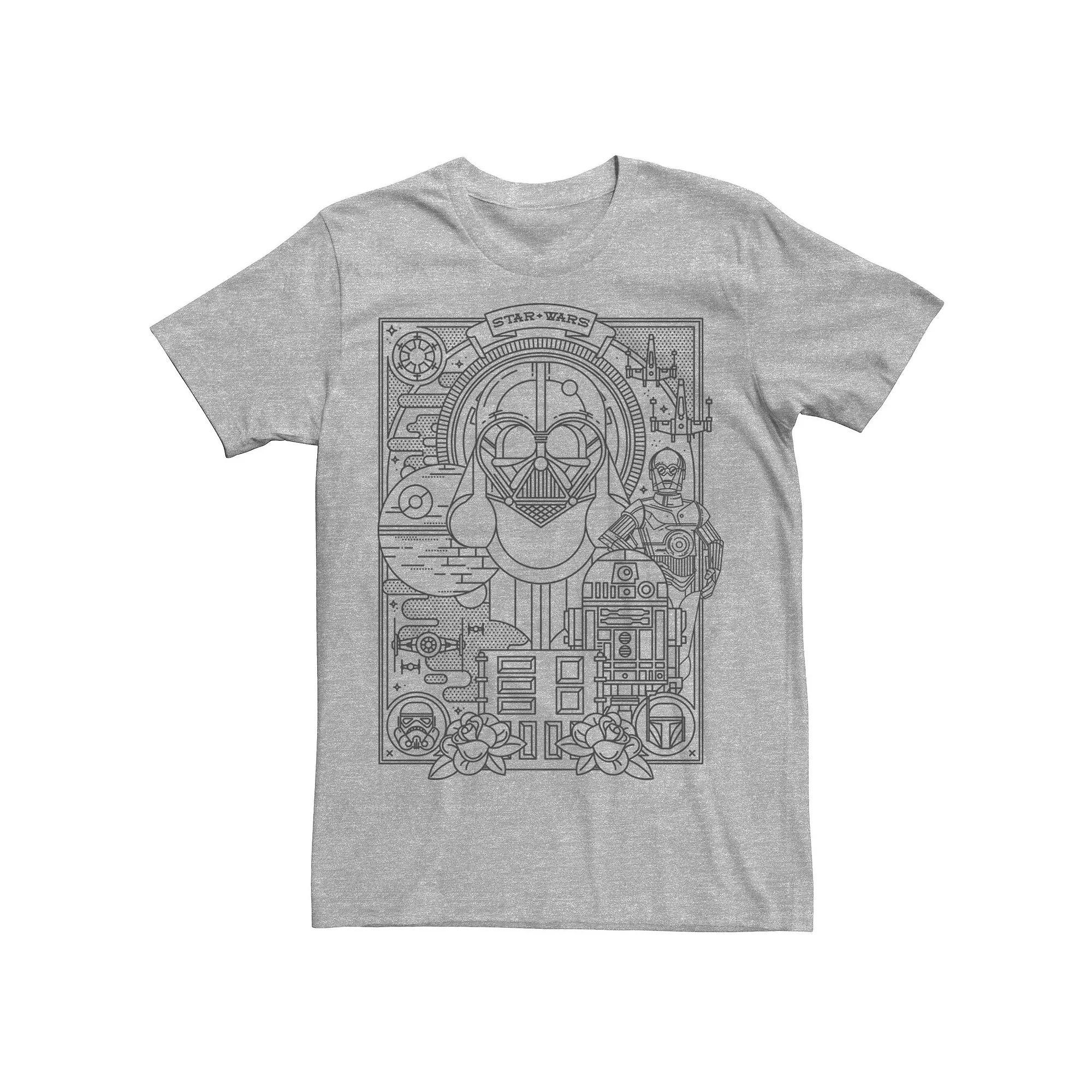 Men's Star Wars Vader Droids Tattoo Style Line Art Tee, Size: Small, Athletic Grey Product Image