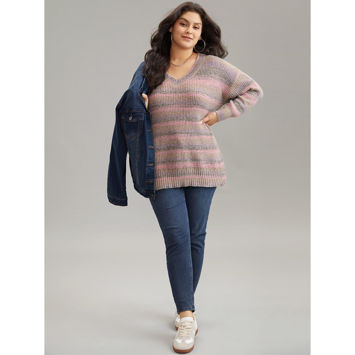 Plus Size Colorblock Ombre Heather Loose V Neck Pullover Multicolor Women Casual Loose Long Sleeve V-neck Everyday Pullovers BloomChic 22-24/3X Product Image