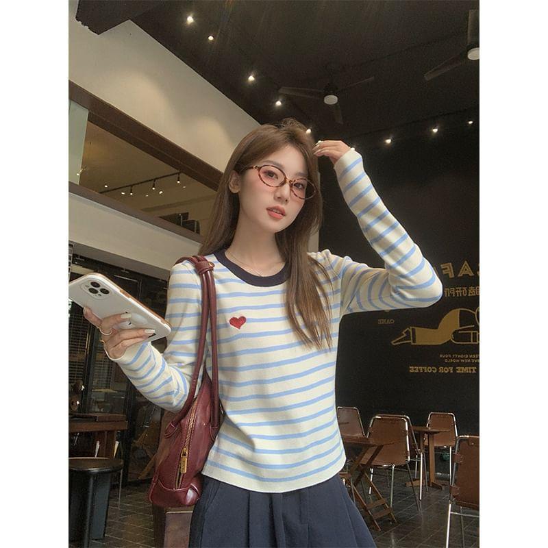 Long-Sleeve Round Neck Striped Embroidered Contrast Trim Knit Top Product Image