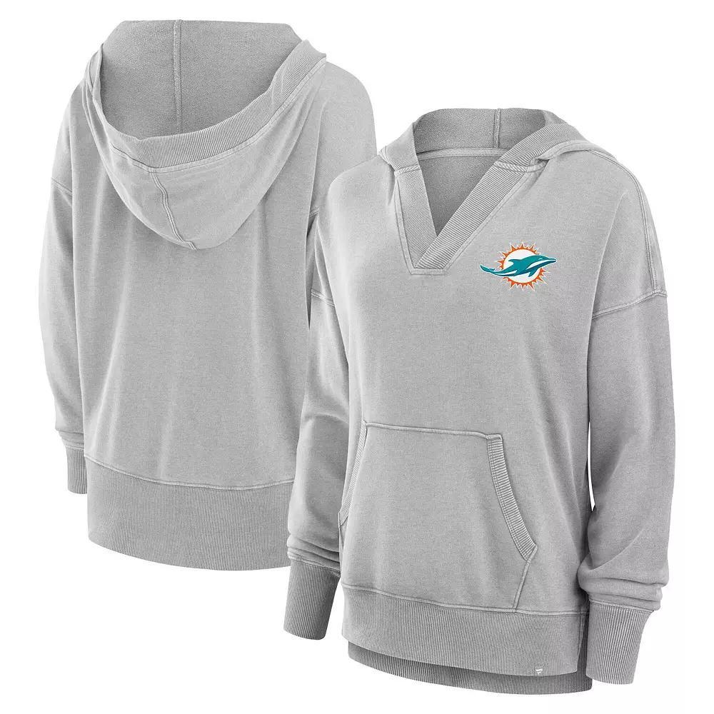 Women's Fanatics  Heather Gray Miami Dolphins Initiative Snow Wash French Terry V-Neck Pullover Hoodie, Size: XL, Grey Product Image