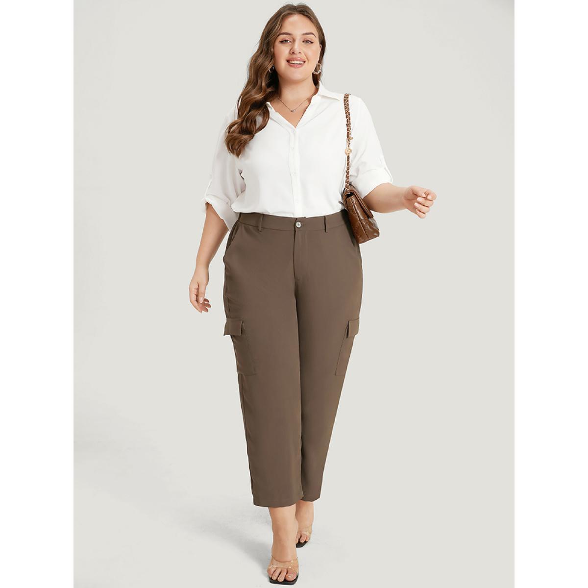 Plus Size Plain Pocket Elastic Waist High Rise Pants Women DarkBrown Office Straight Leg High Rise Work Pants BloomChic 28/5X Product Image