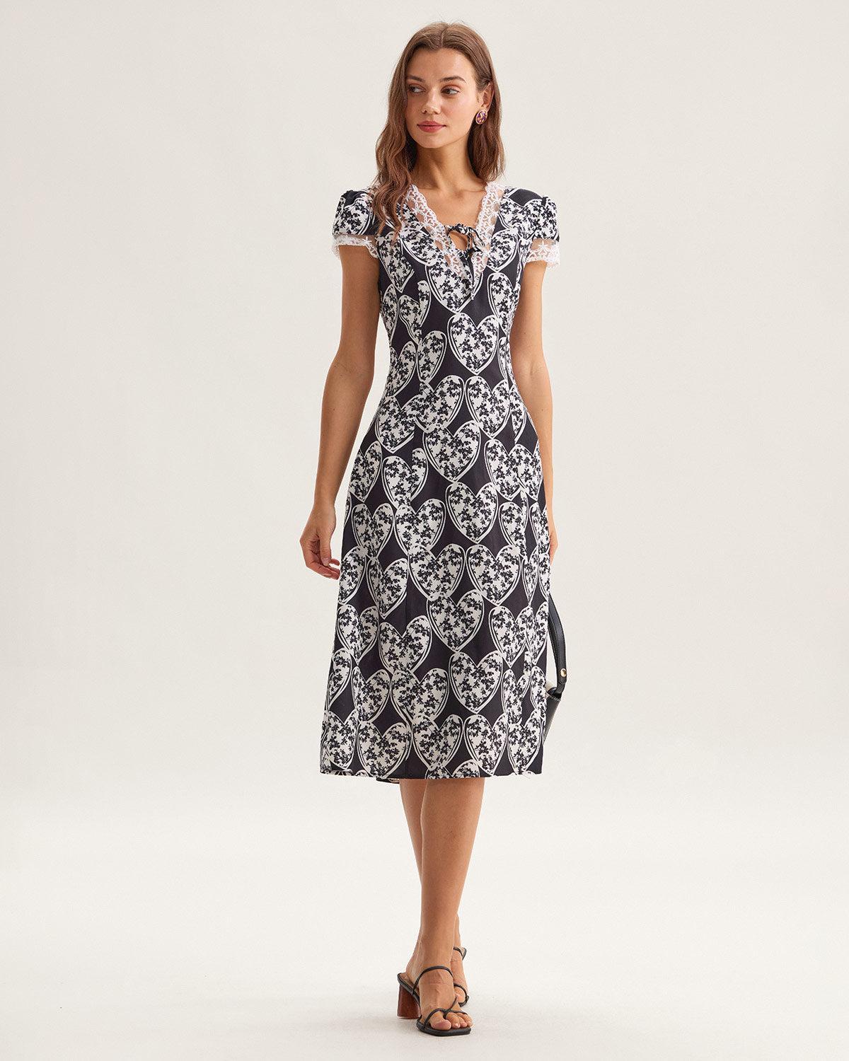 Black Floral Lace Trim Midi Dress Product Image
