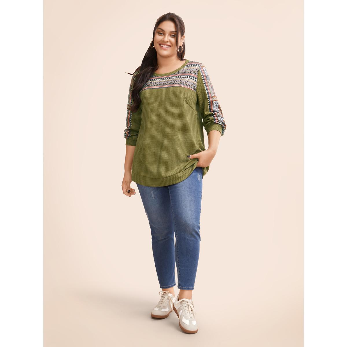 Plus Size Boho Print Patchwork Waffle Knit Crew Neck Sweatshirt Women ArmyGreen Casual Elastic cuffs Round Neck Dailywear Sweatshirts BloomChic 30/6X Product Image