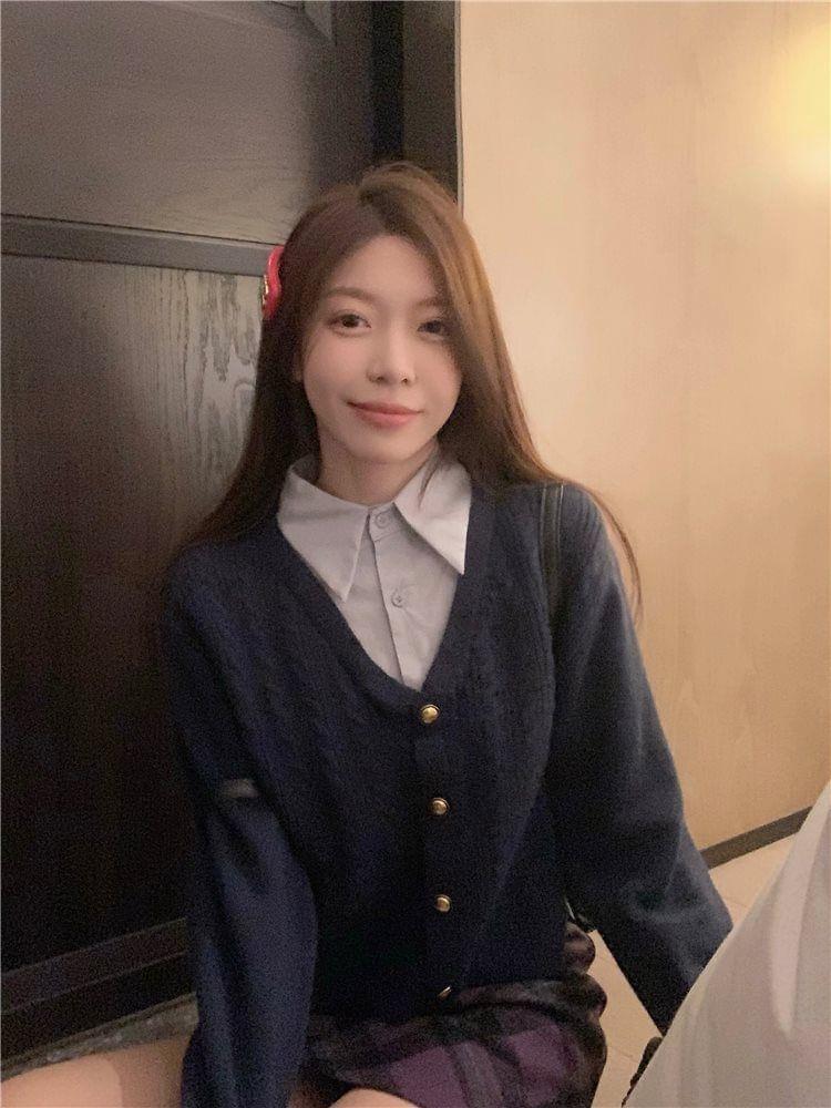 Mock Two-Piece Collar Cable Knit Cardigan / High Rise Plaid Mini Pencil Skirt Product Image