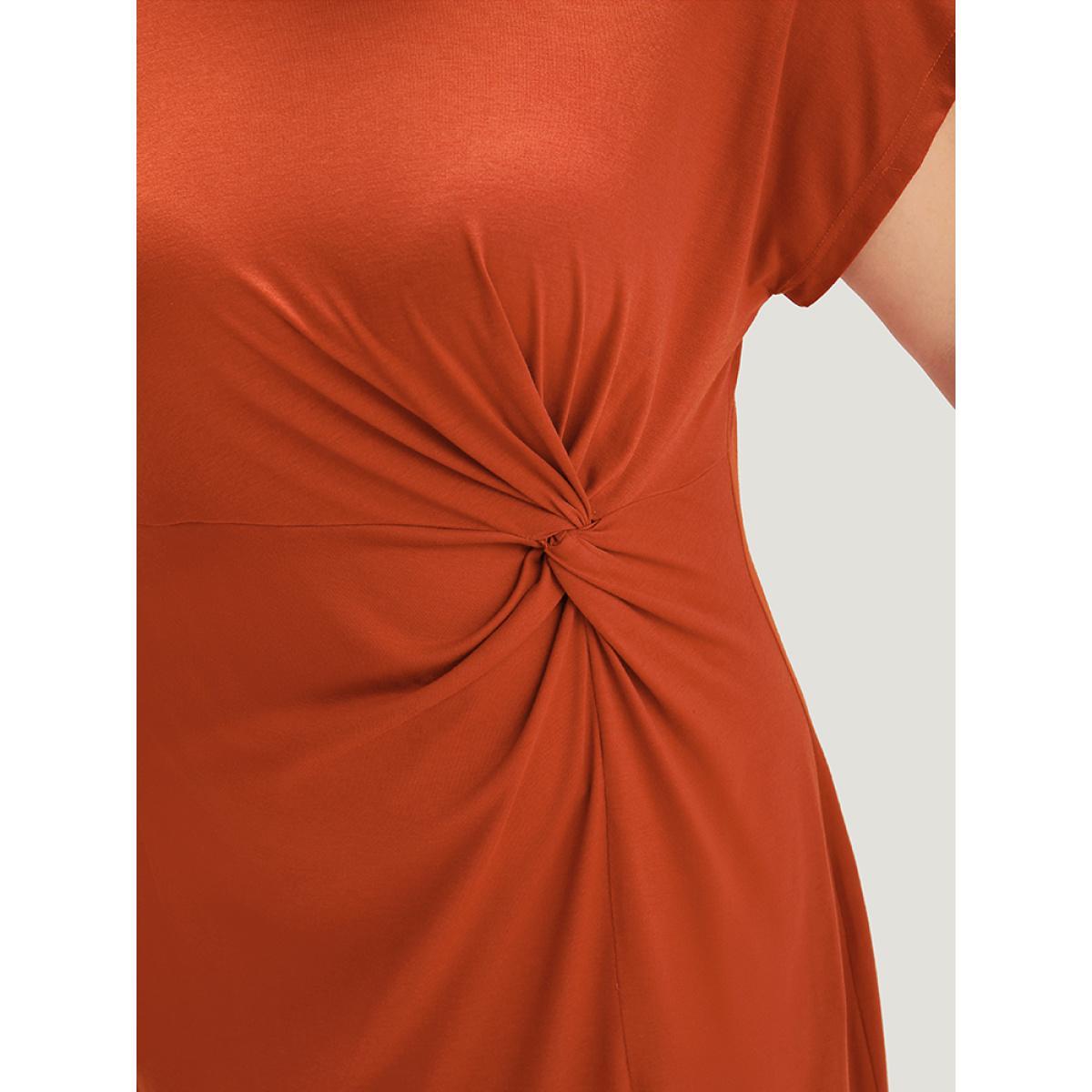 Plus Size Supersoft Essentials Solid Twist Front Split Hem Dress Rust Women Casual Plain Round Neck Short sleeve Curvy Midi Dress BloomChic 30/6X Product Image