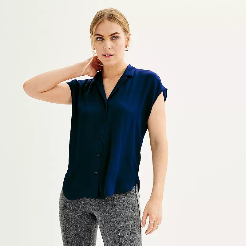 Women's Petite Nine West Short Sleeve Easy Lapel Shirt, Size: XXL Petite, Black Product Image