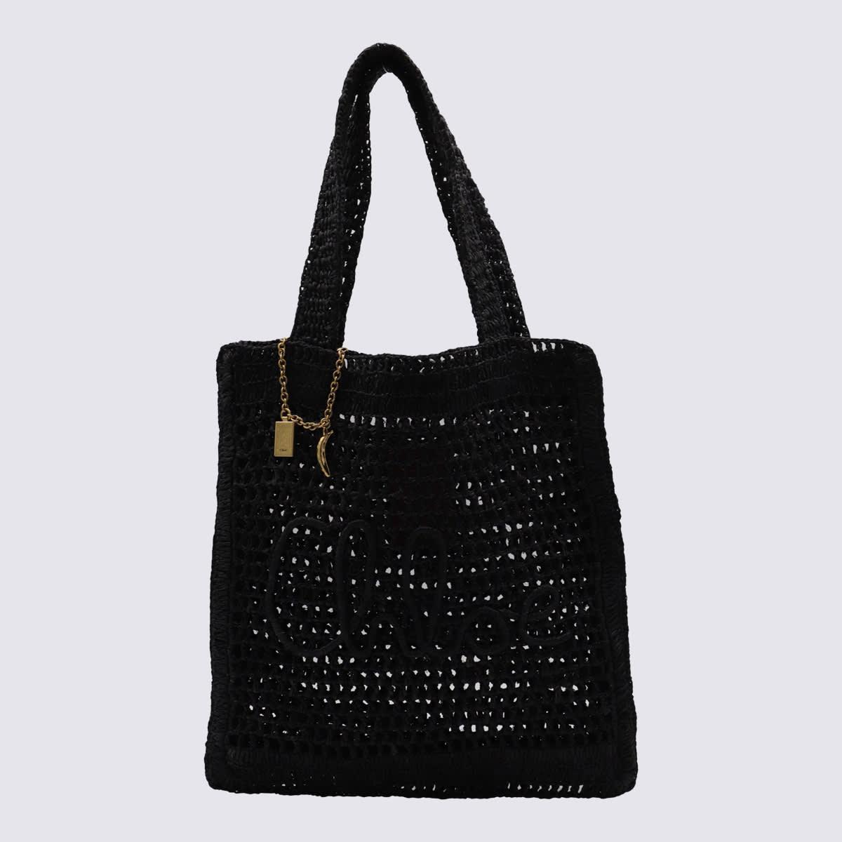 CHLOÉ Summer Banana Embellished Crocheted Embroidered Faux Raffia Tote In Black Product Image