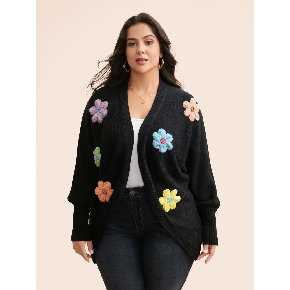Plus Size Stereo Flower Design Drop Shoulder Cardigan Black Women Casual Loose Long Sleeve Everyday Cardigans BloomChic 18-20/2X Product Image