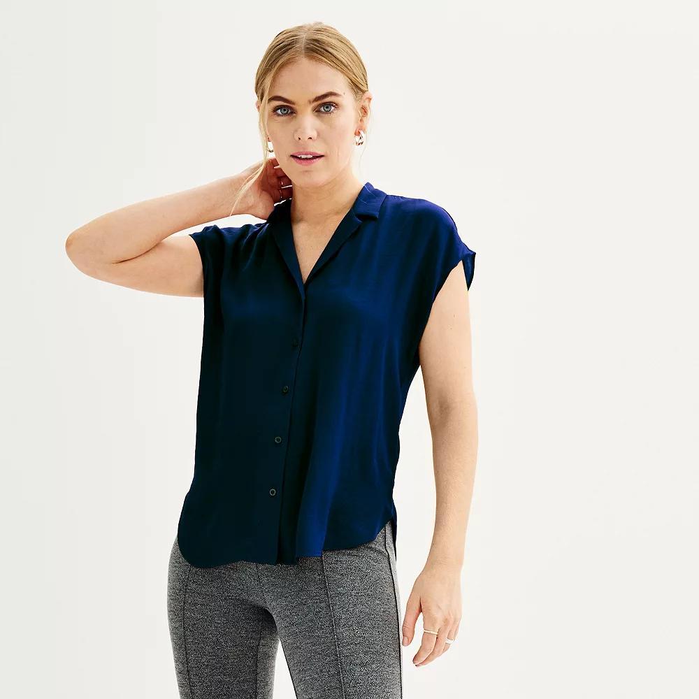 Women's Petite Nine West Short Sleeve Easy Lapel Shirt, Size: XXL Petite, Black Product Image