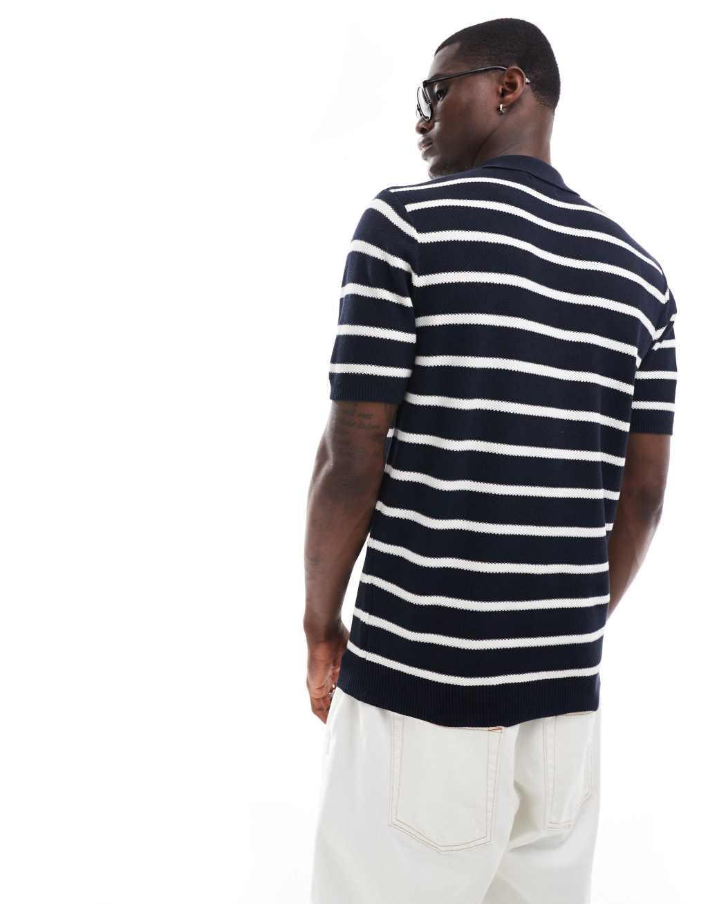 Brave Soul textured knit striped polo in navy Product Image