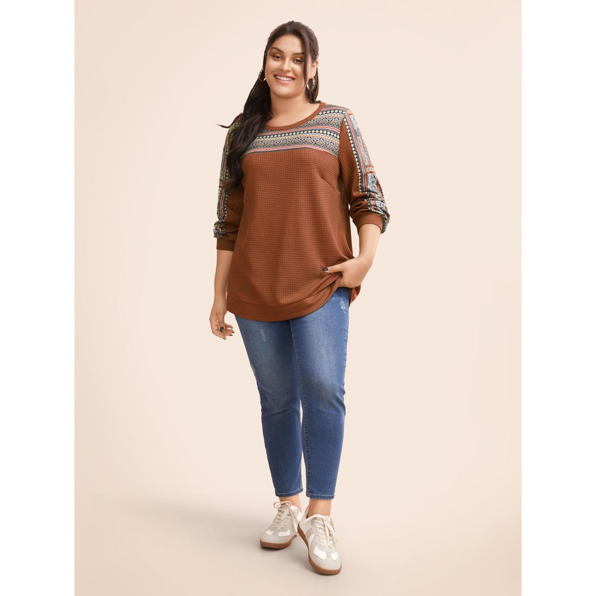 Plus Size Boho Print Patchwork Waffle Knit Crew Neck Sweatshirt Women Brown Casual Elastic cuffs Round Neck Dailywear Sweatshirts BloomChic 30/6X Product Image