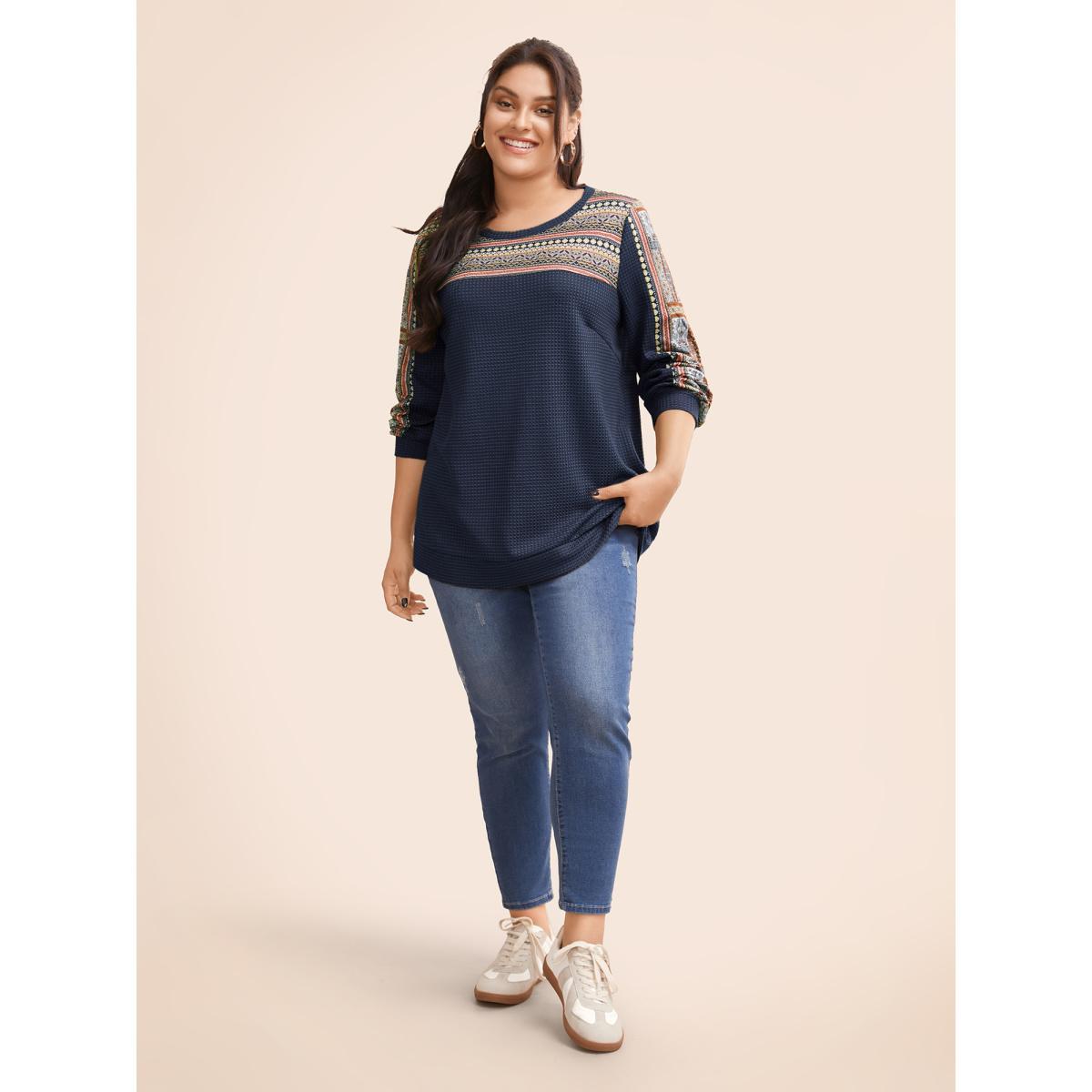 Plus Size Boho Print Patchwork Waffle Knit Crew Neck Sweatshirt Women Indigo Casual Elastic cuffs Round Neck Dailywear Sweatshirts BloomChic 26/4X Product Image