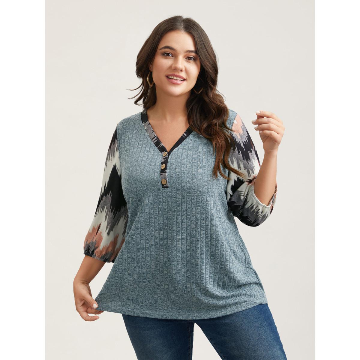 Plus Size Textured Spliced V-Neck T-Shirt Cerulean Women Casual Texture Polo Everyday T-shirts BloomChic 28/5X Product Image