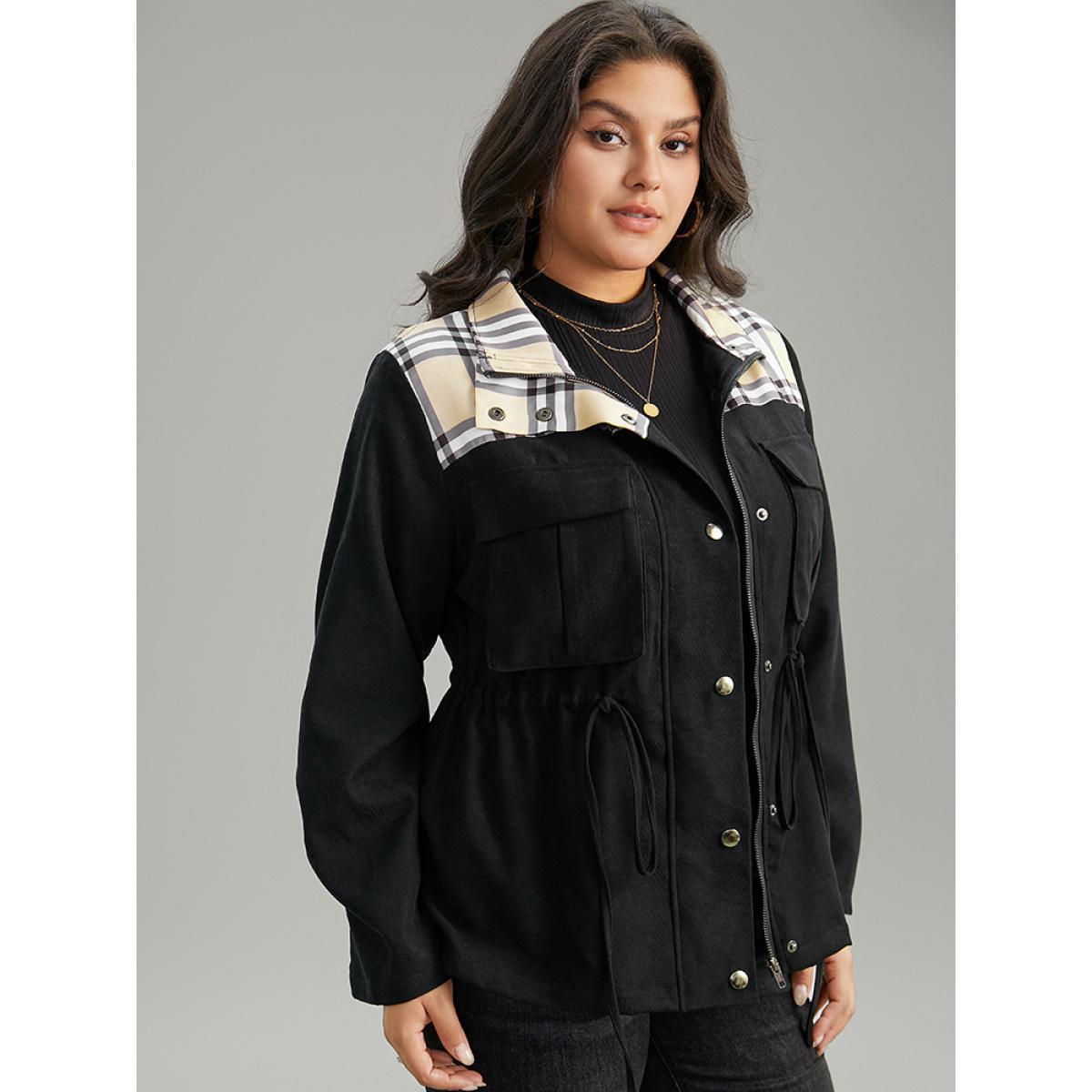 Plus Size Plaid Patchwork Drawstring Zipper Fly Flap Pocket Coat Women Black Casual Contrast Ladies Everyday Winter Coats BloomChic 30/6X Product Image