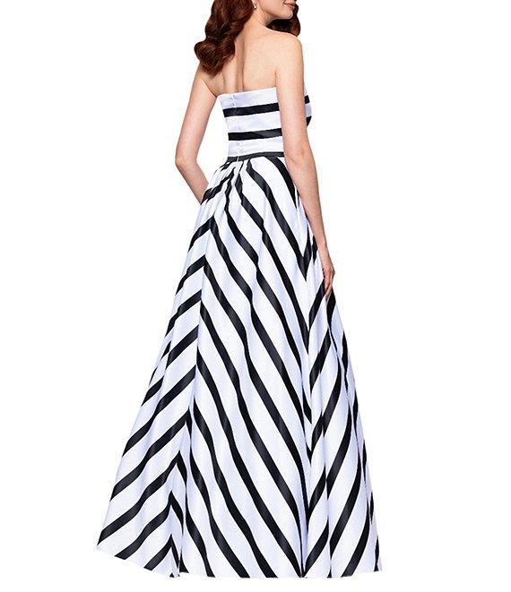 Betsy & Adam Satin Stripe Print Strapless Neck Sleeveless A-Line Gown Product Image